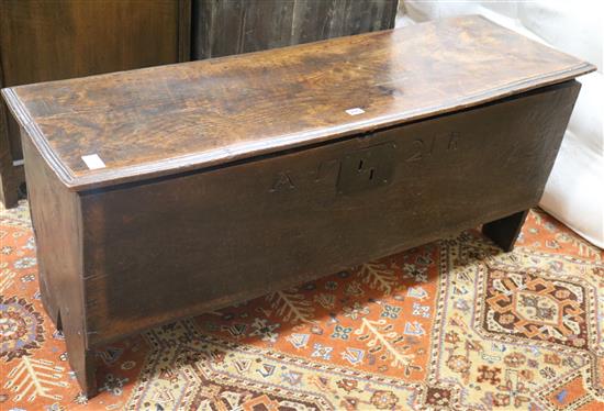 An early 18th century oak six plank coffer W.121cm